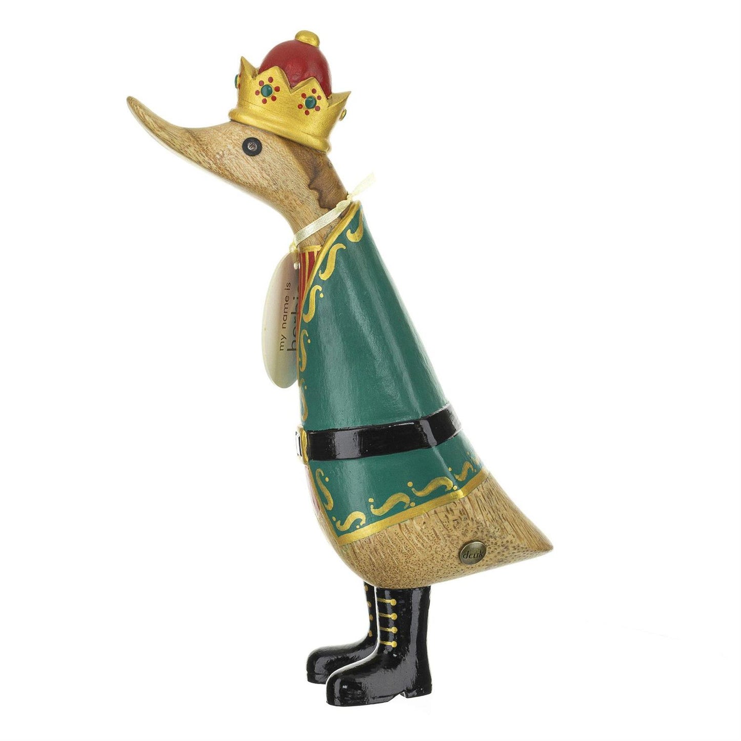 Decorative figurine of a duck wearing a green outfit and gold crown on a white background