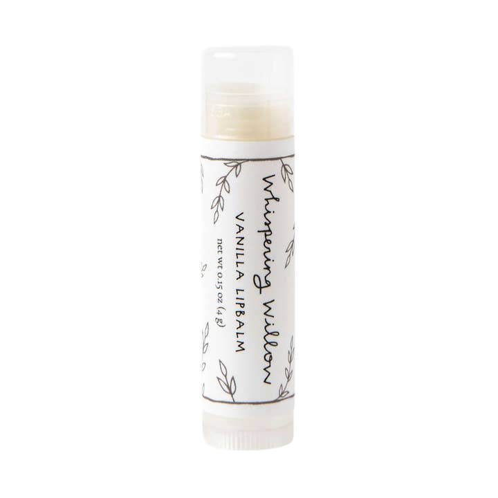 Vanilla lip balm with 'Whispering Willow' branding on a white background