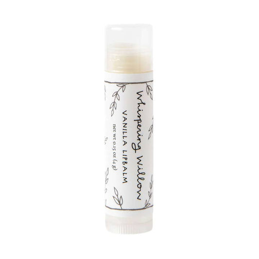 Vanilla lip balm with 'Whispering Willow' branding on a white background