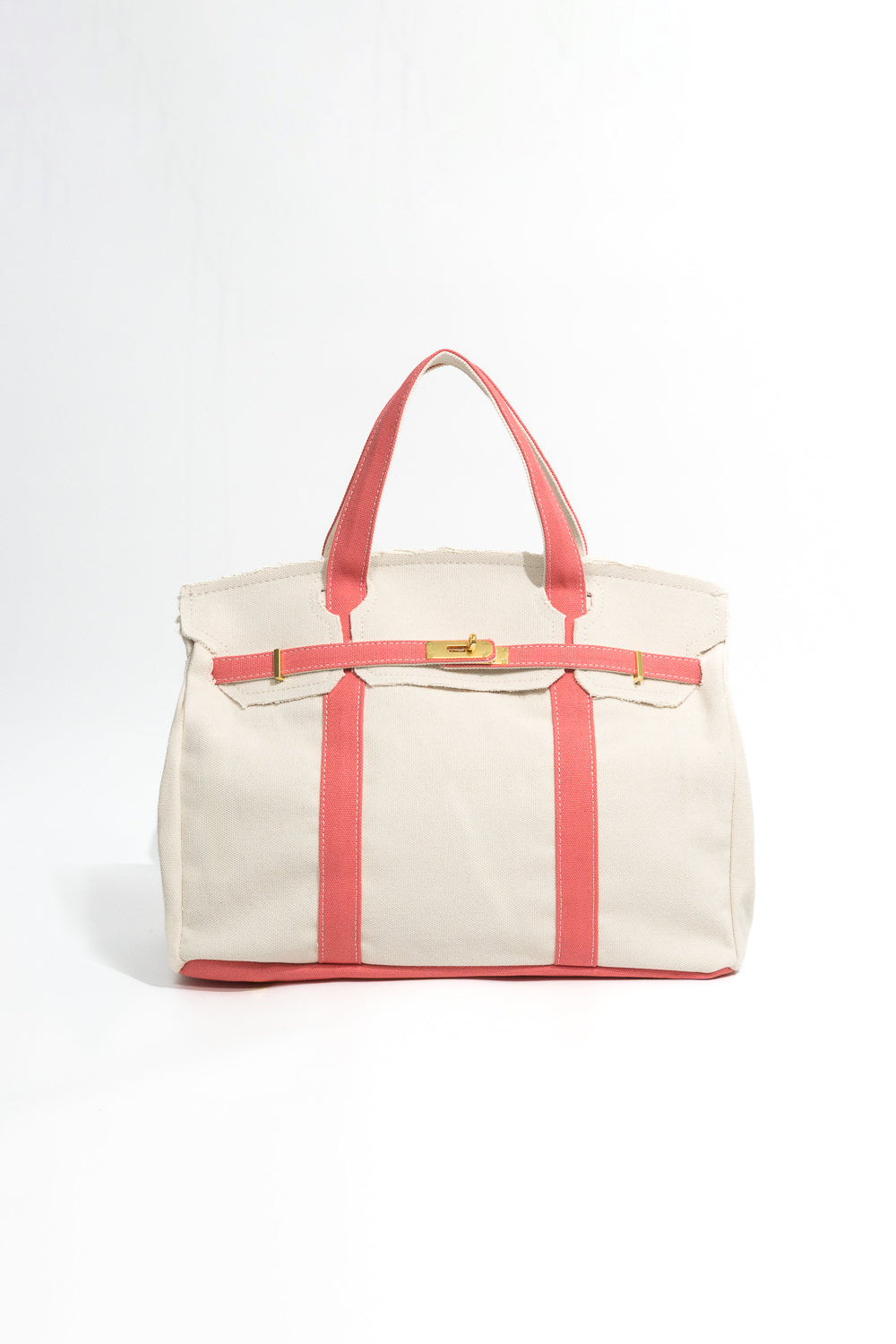 Beige tote bag with coral accents on a white background