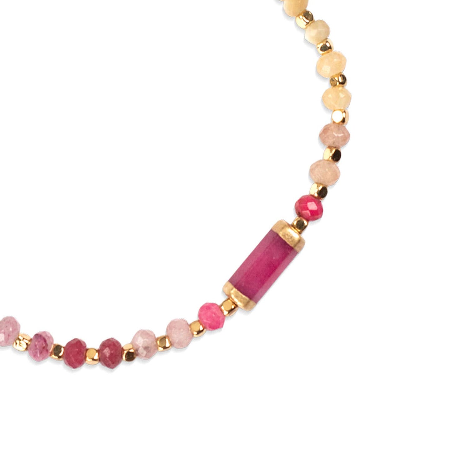 Close up detail shot of a multicolored beaded bracelet on a white background.