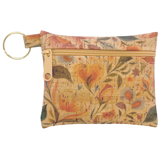 Floral patterned pouch with a key ring on a white background