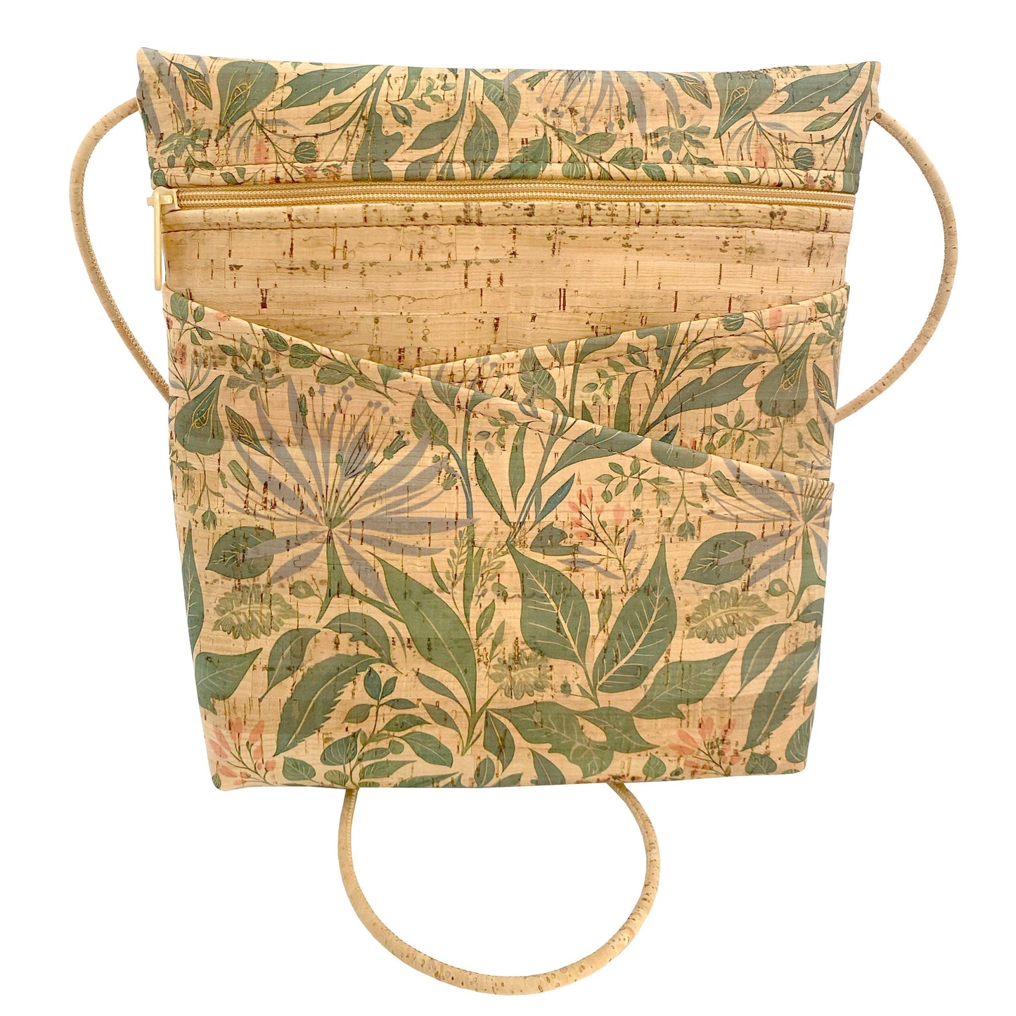 Floral-patterned cork handbag with strap on a white background