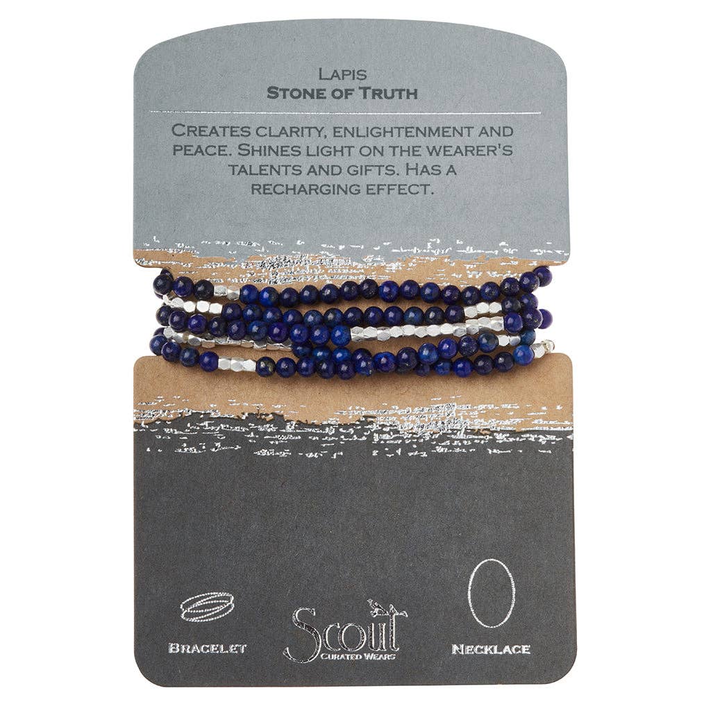 Convertible beaded necklace/wrap bracelet on a Scout branded card with information about lapis lazuli.