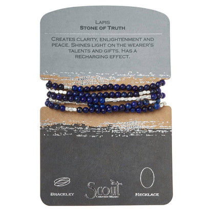 Convertible beaded necklace/wrap bracelet on a Scout branded card with information about lapis lazuli.