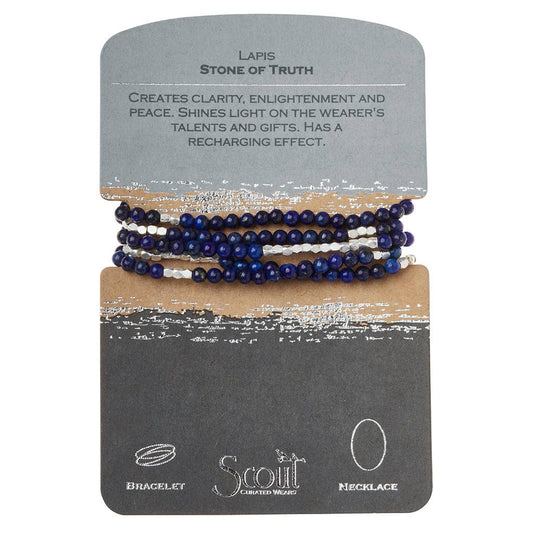Convertible beaded necklace/wrap bracelet on a Scout branded card with information about lapis lazuli.