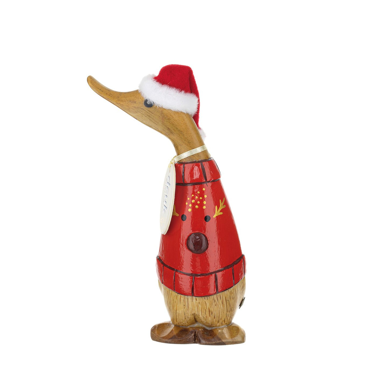 Decorative duck figurine wearing a Santa hat and red outfit on a white background