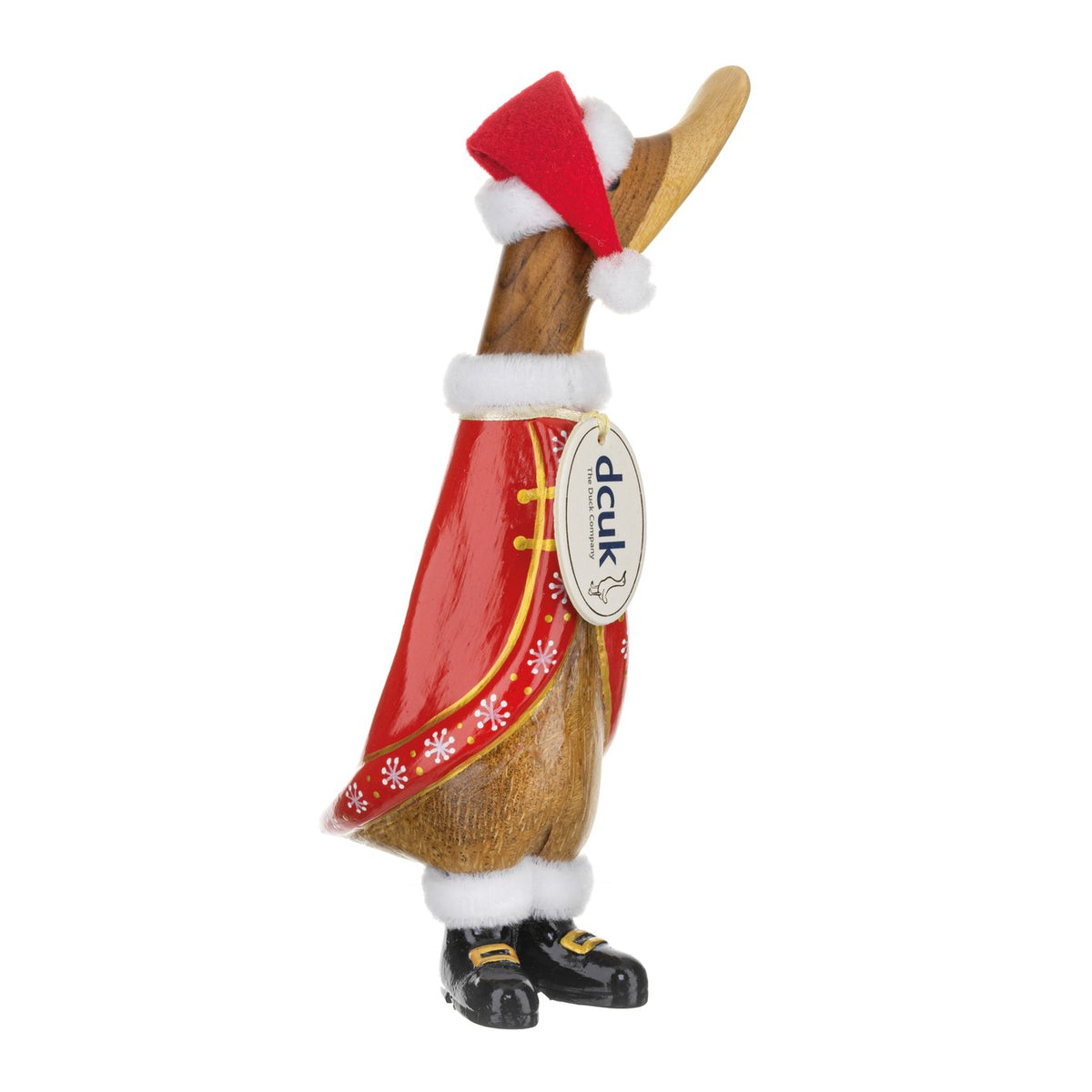 Decorative figurine of a duck wearing a red cape and Santa hat on a white background