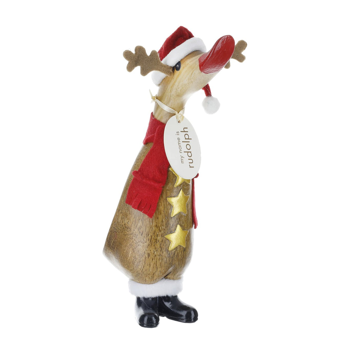 Decorative reindeer figure with a Santa hat and tag on a white background