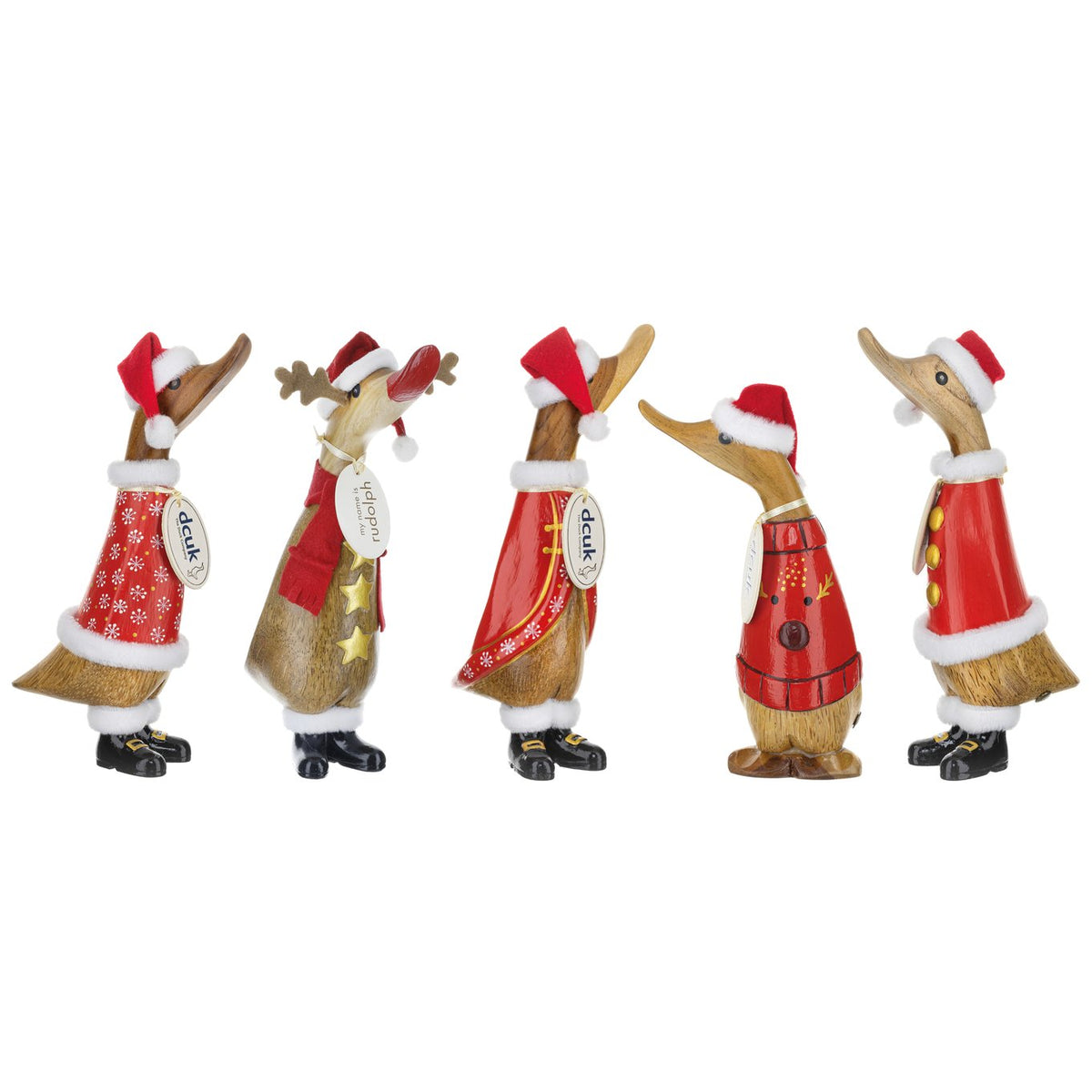 Five Christmas-themed duck figurines in festive outfits on a white background