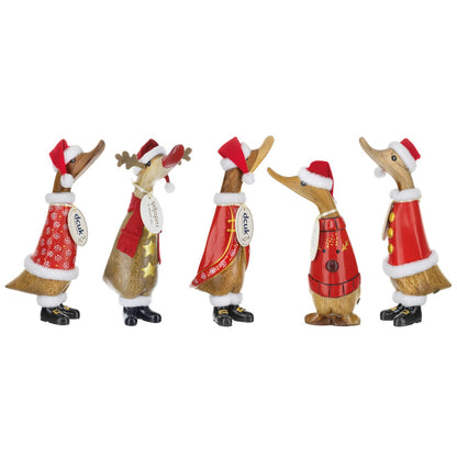 Five Christmas-themed duck figurines in festive outfits on a white background