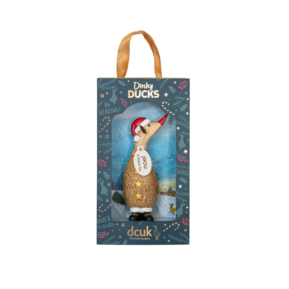 Boxed Dinky Duck wearing a red santa hat on a white background