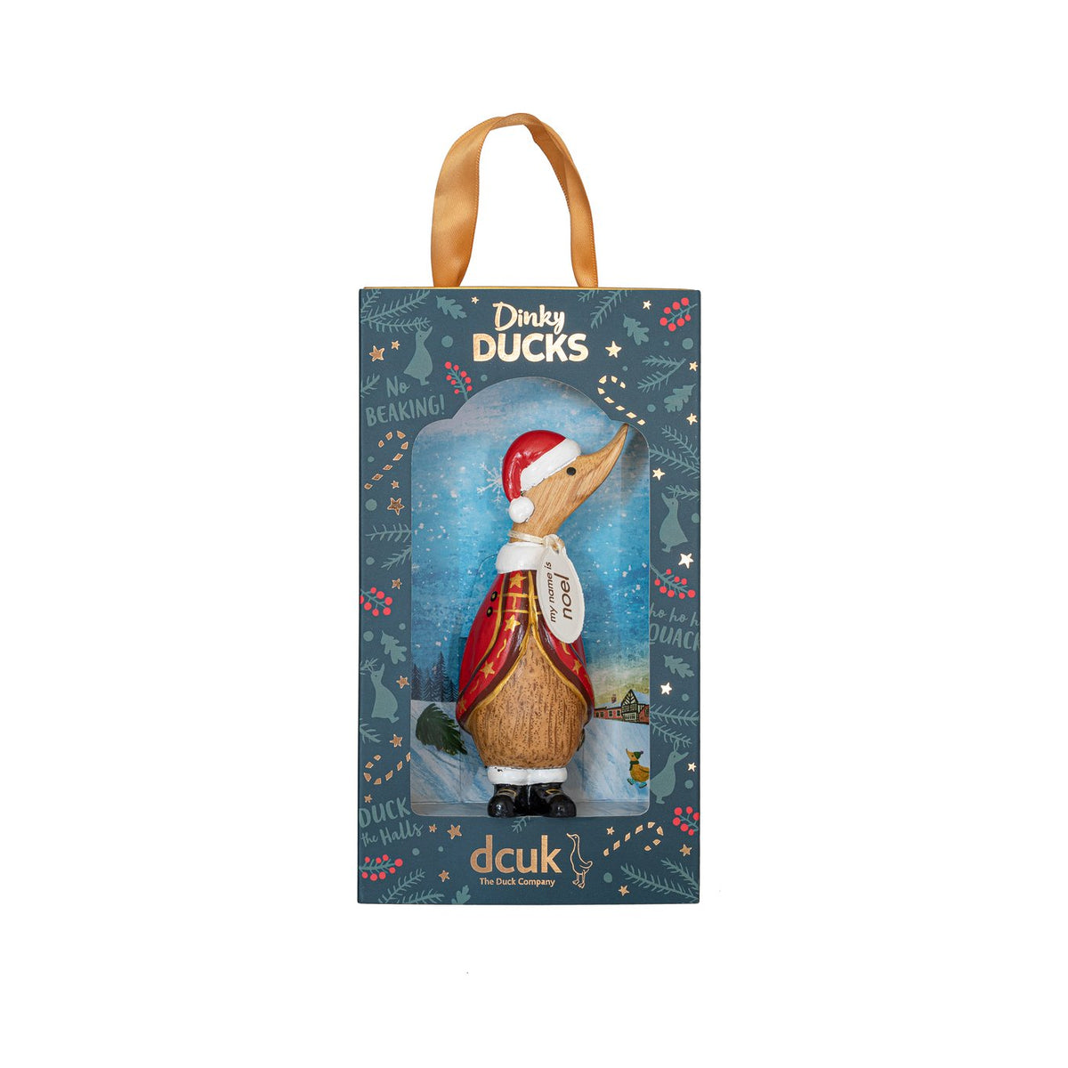 Boxed Dinky Ducks duck wearing a Santa hat on a white background