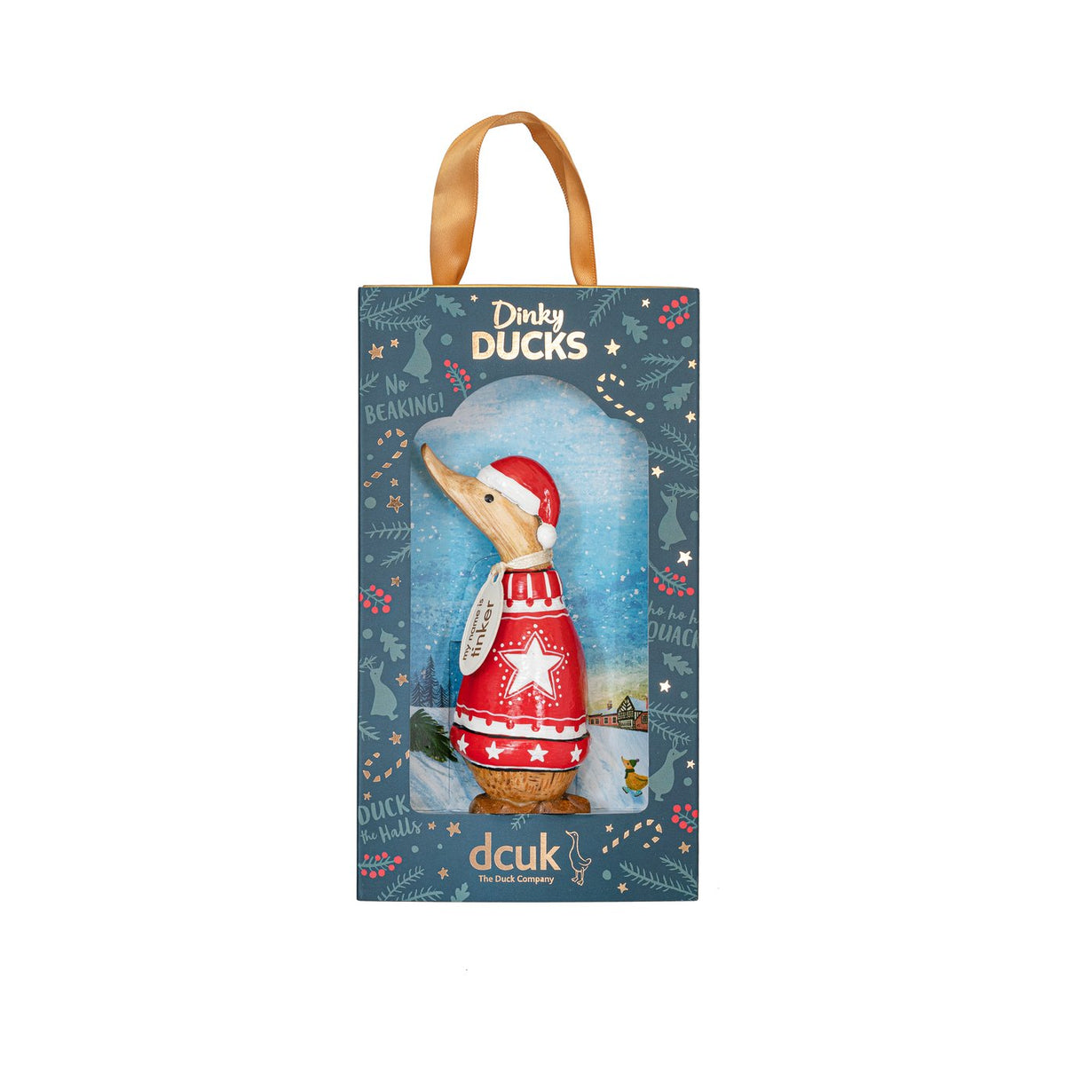 Packaged wooden duck wearing a red sweater with a star design on a blue background