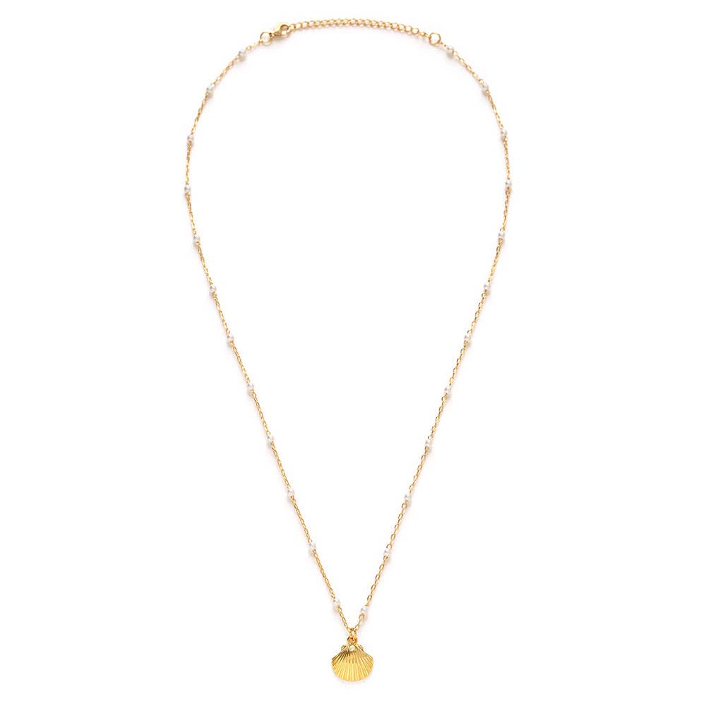 Gold necklace with a shell pendant on a white background