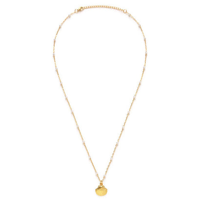 Gold necklace with a shell pendant on a white background
