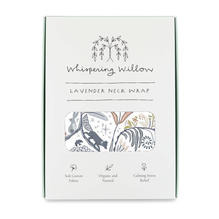 Whispering Willow lavender neck wrap packaging on a white background