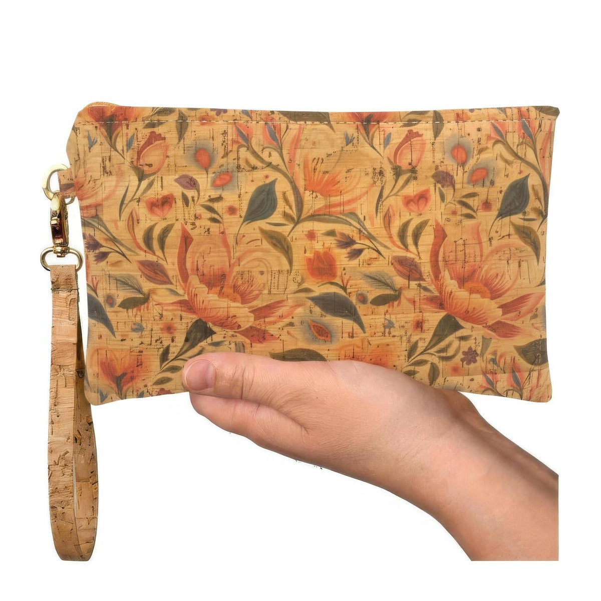 A rectangular clutch purse with a floral and botanical pattern in orange, red, green, and beige, held in a hand. The clutch has a cork-look wrist strap and gold-tone hardware.