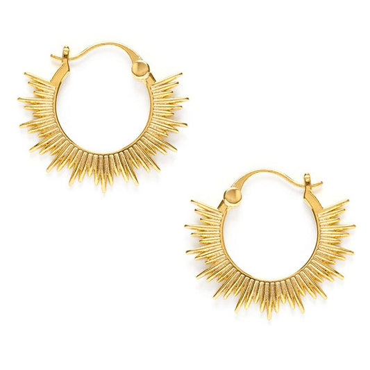 Gold hoop earrings with a textured design on a white background