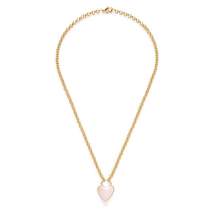 Gold necklace with a heart-shaped pink pendant on a white background
