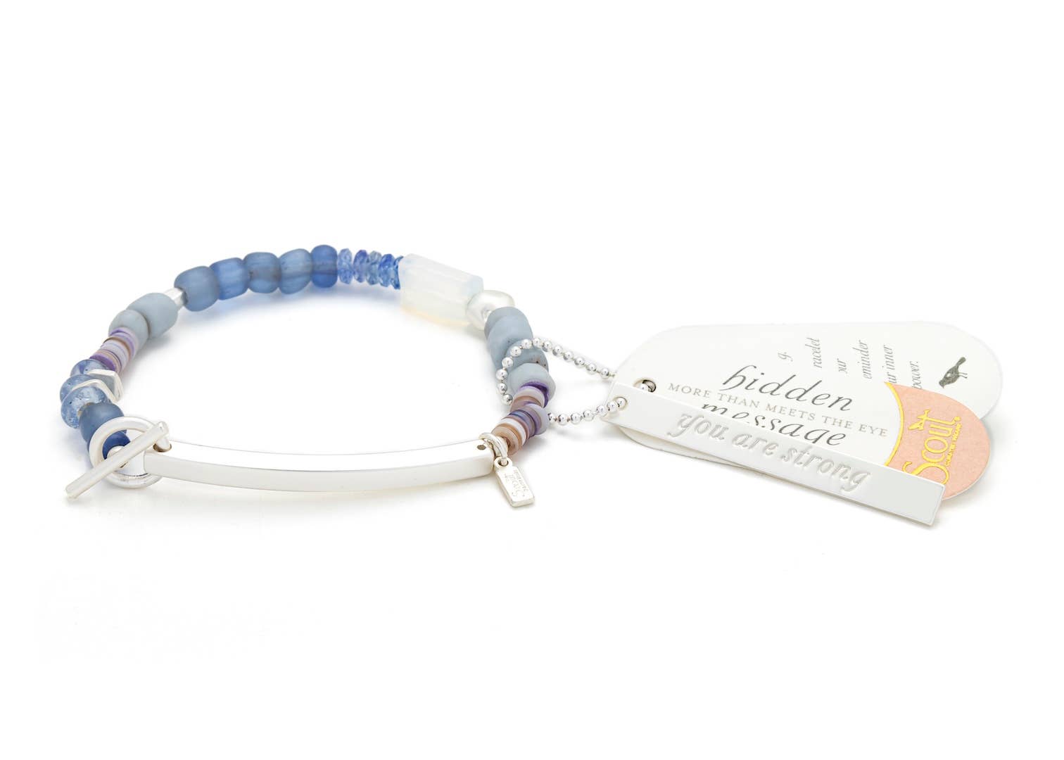 Multicolored beaded bracelet with a tag on a white background