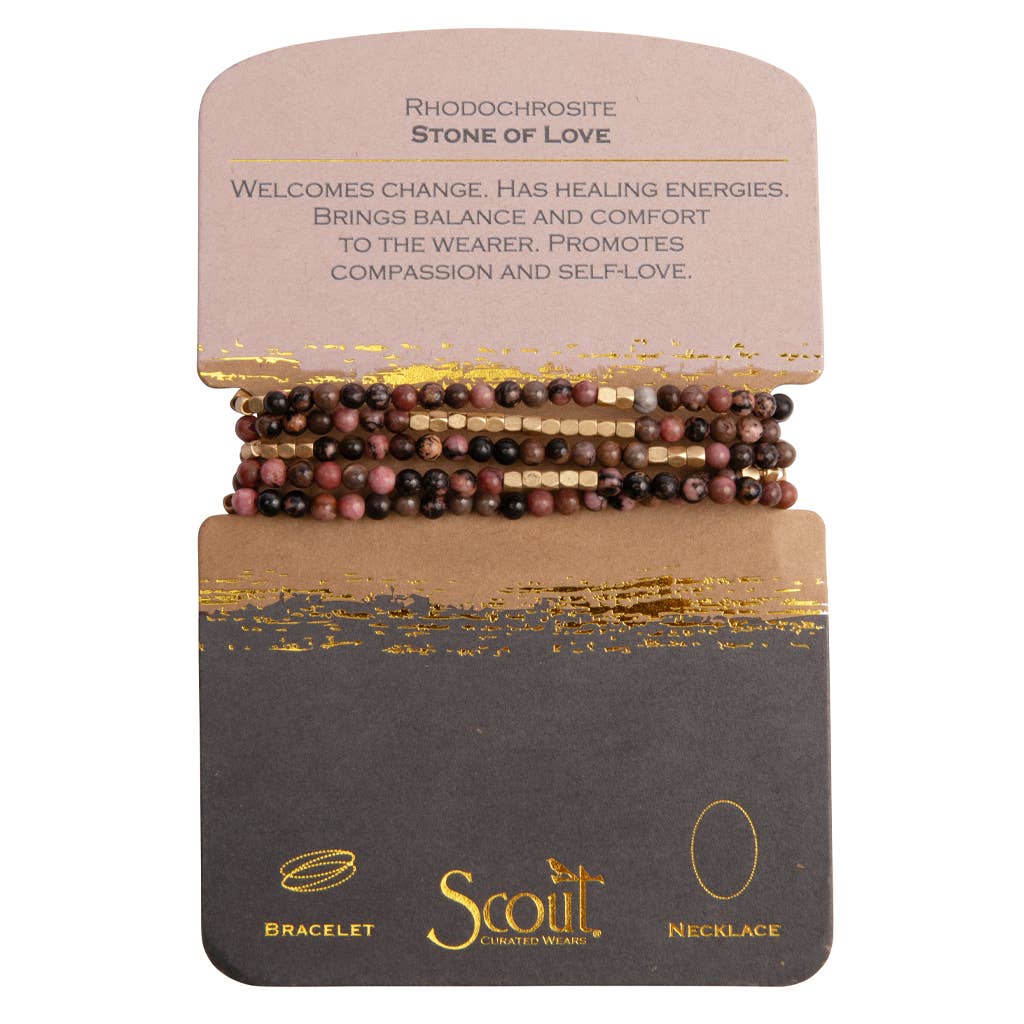 Convertible beaded necklace/wrap bracelet on a Scout branded card with product description.