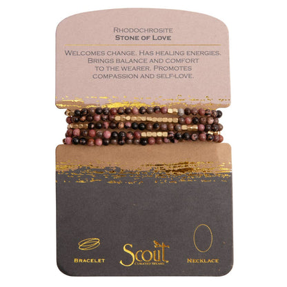 Convertible beaded necklace/wrap bracelet on a Scout branded card with product description.