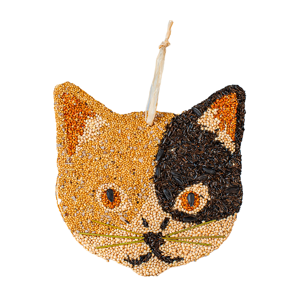 Cat-shaped bird seed ornamenr with black and orange colors on a white background