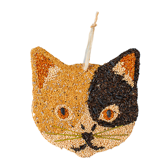 Cat-shaped bird seed ornamenr with black and orange colors on a white background