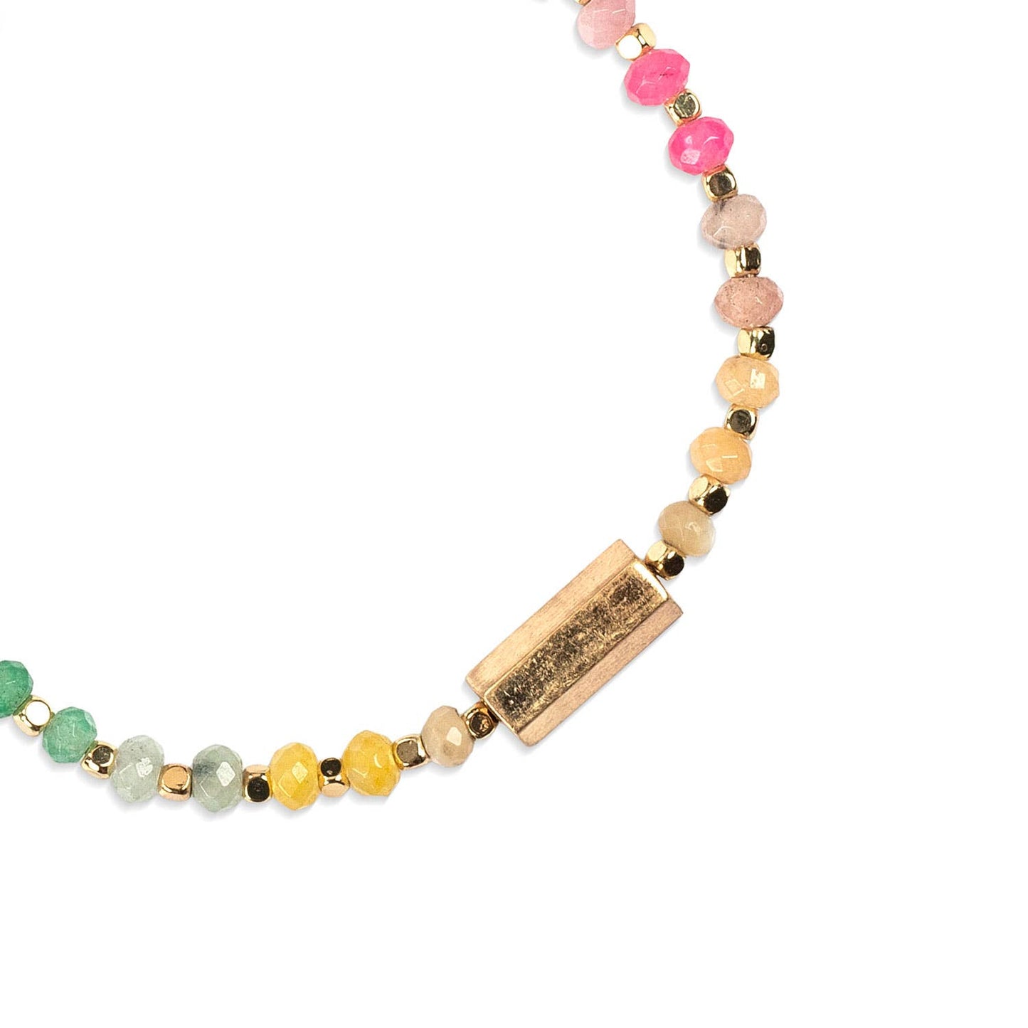 Necklace with multicolored beads and a gold bar on a white background