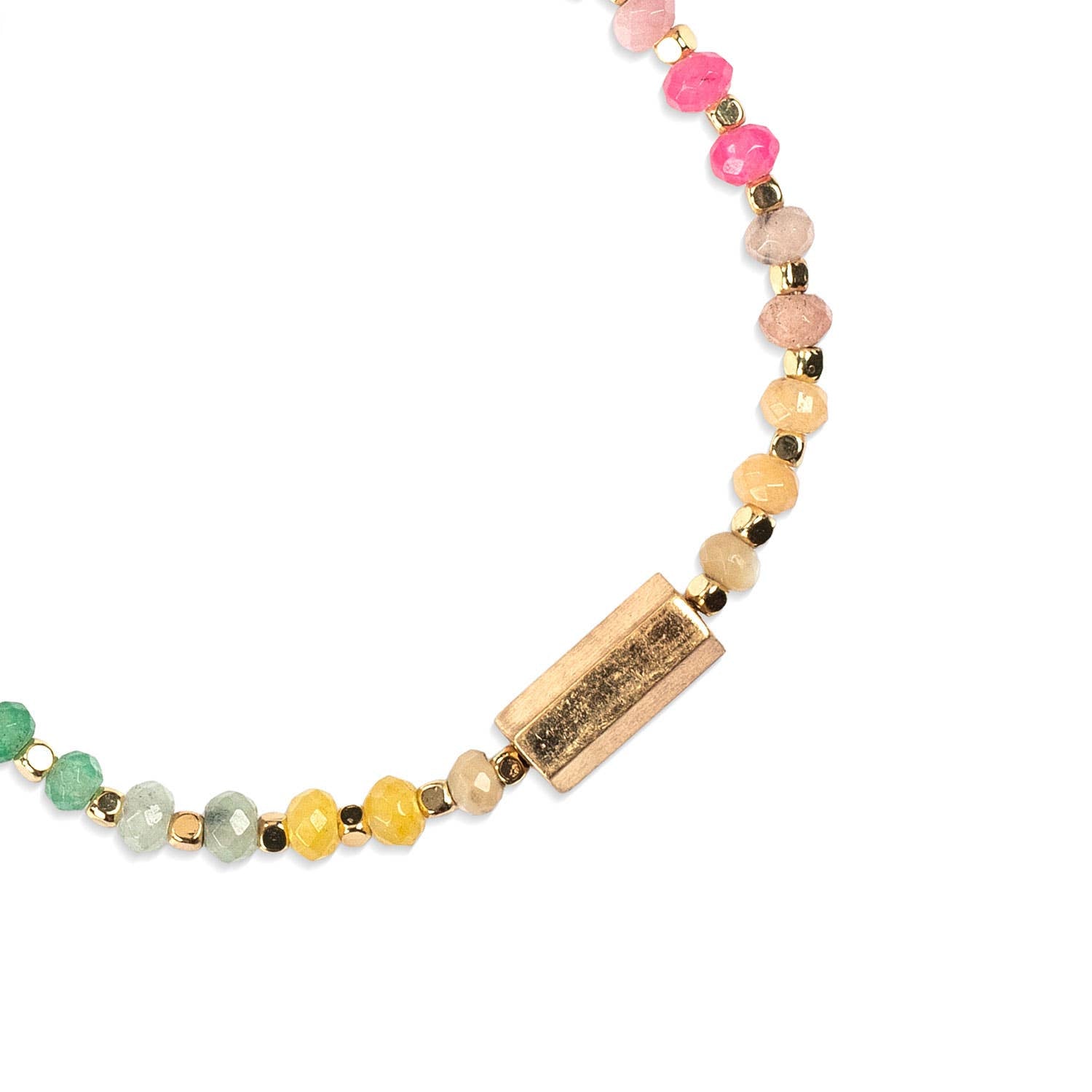 Necklace with multicolored beads and a gold bar on a white background