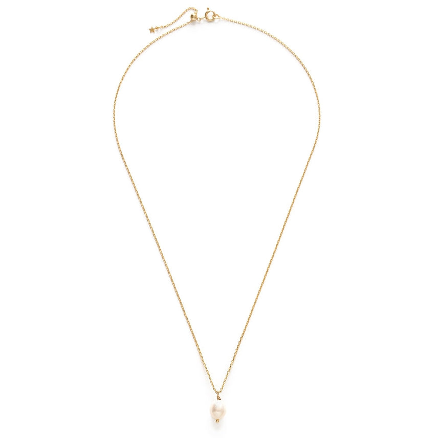 Gold necklace with a pearl pendant on a white background