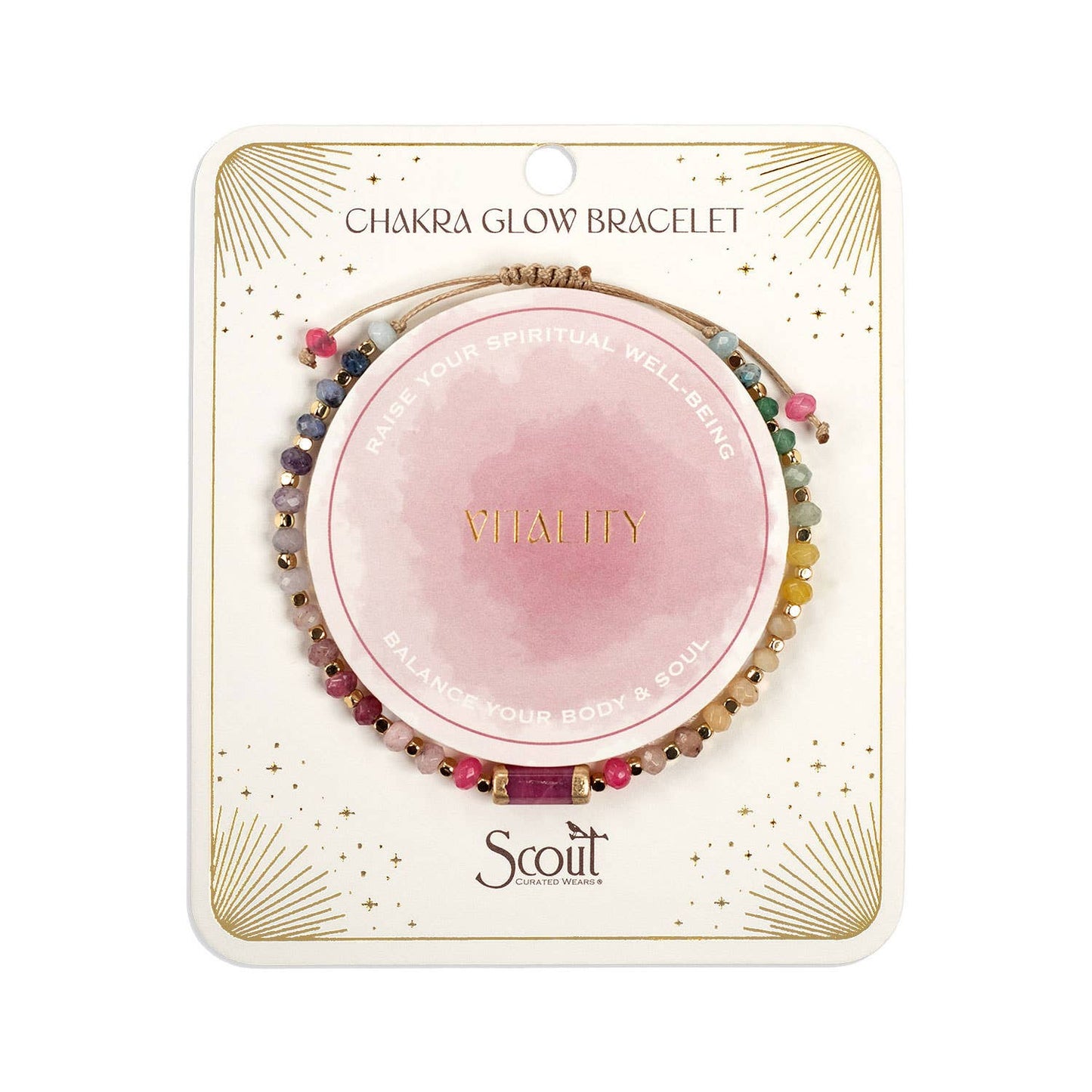 Chakra glow bracelet packaging with 'Vitality' and 'Scout' branding on a white background. Gallery images show this same piece from multiple angles and in styled settings.