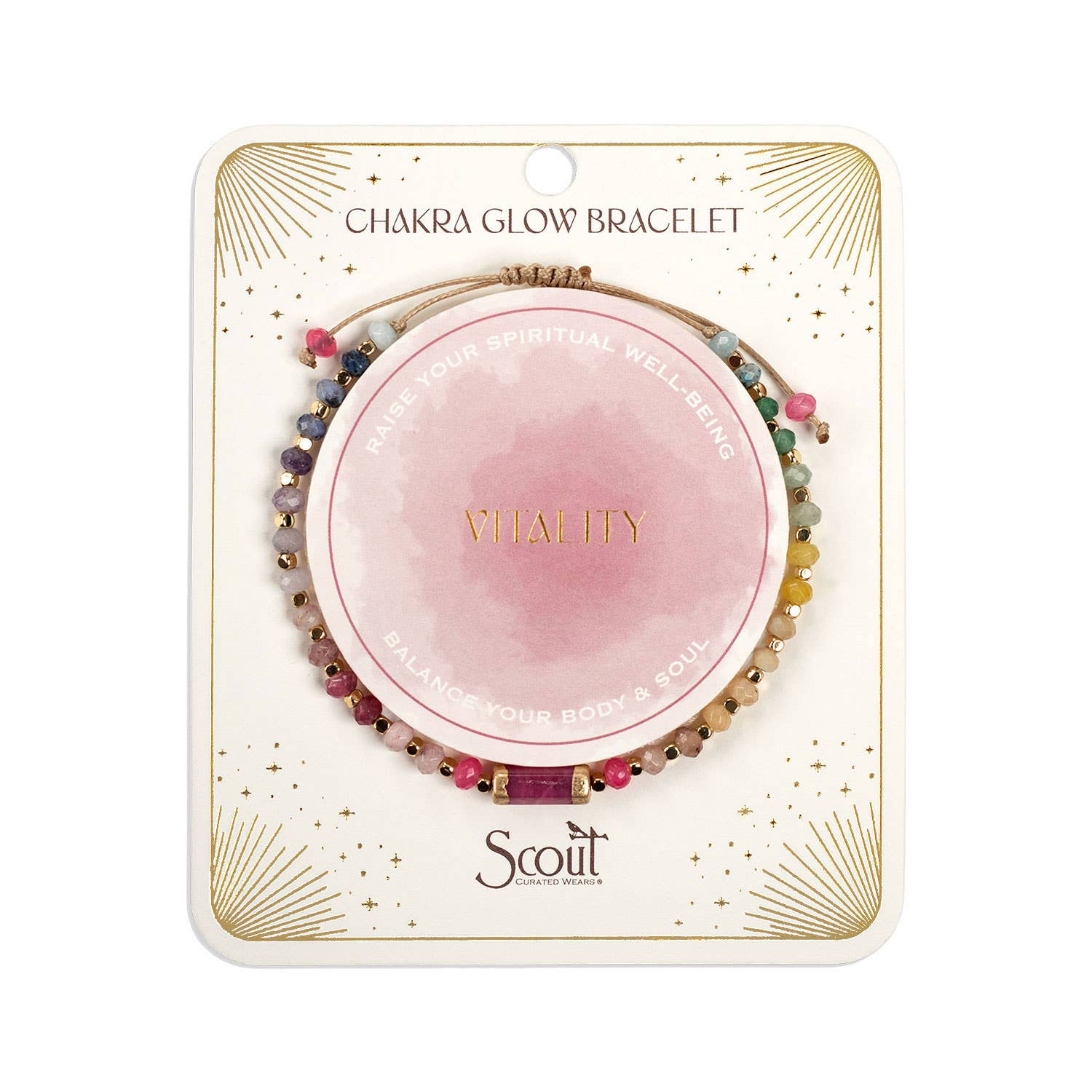 Chakra glow bracelet packaging with 'Vitality' and 'Scout' branding on a white background. Gallery images show this same piece from multiple angles and in styled settings.