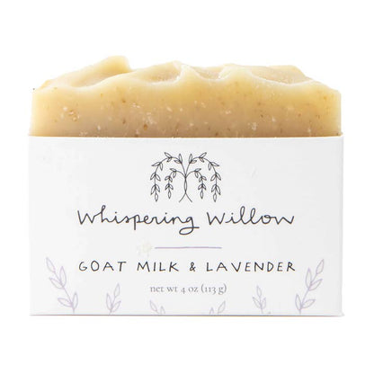 Bar of soap with 'Whispering Willow' branding on a white background