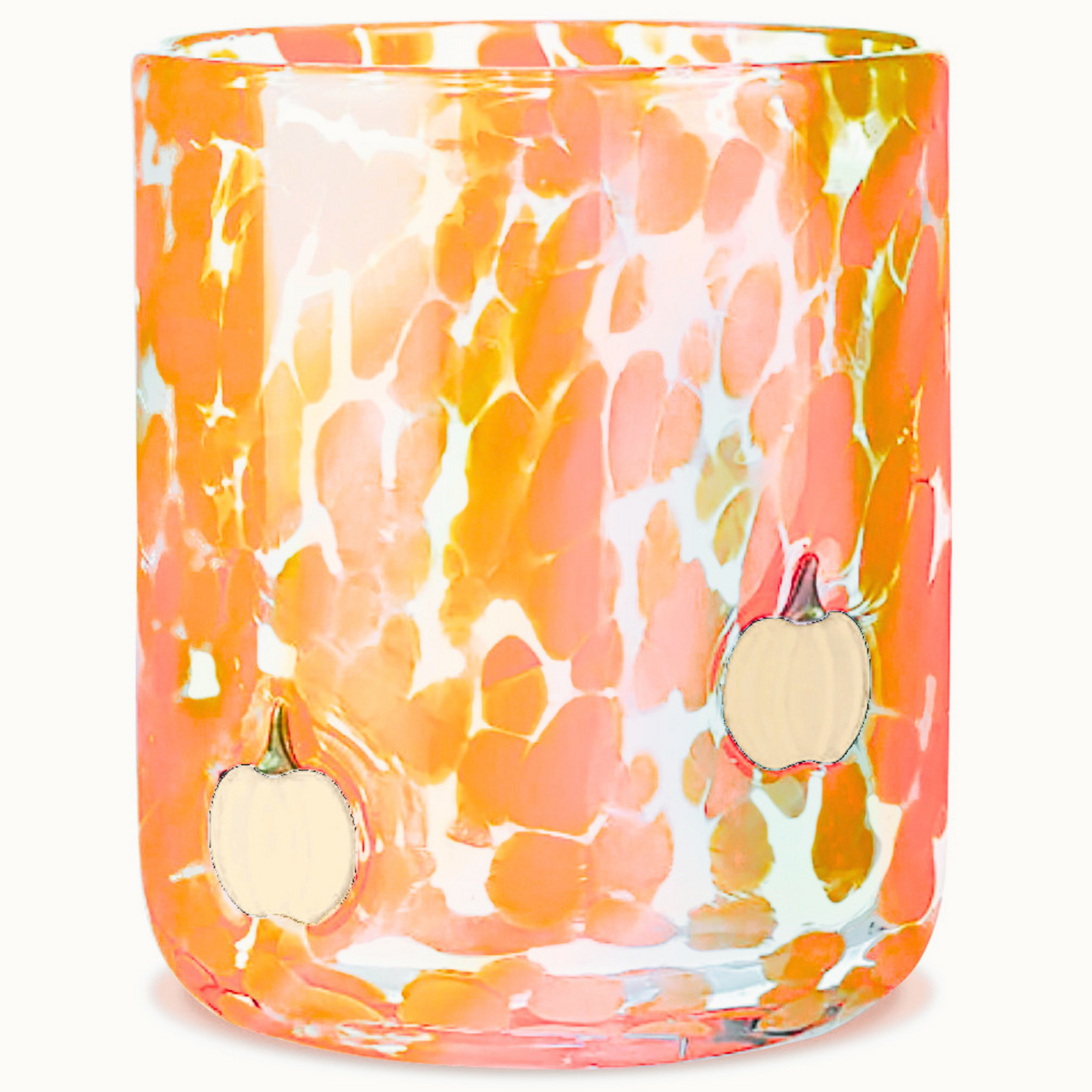 Decorative glass candle holder with orange and white abstract pattern on a white background.