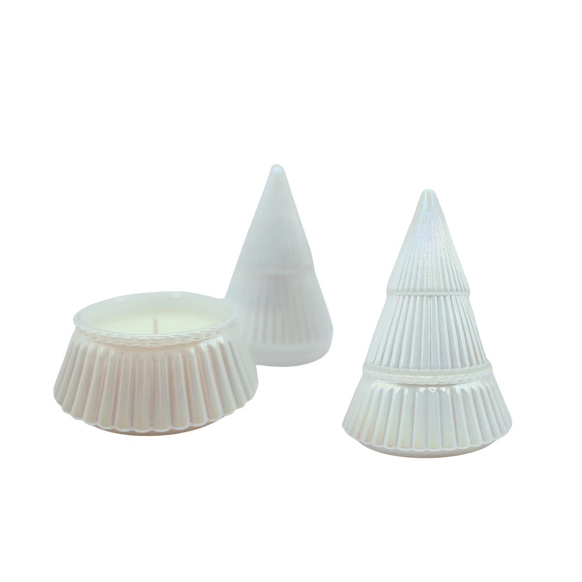 Two white ribbed tree shaped candle holders, one shown closed and one shown with the lid removed and placed behind the base, on a white background. 