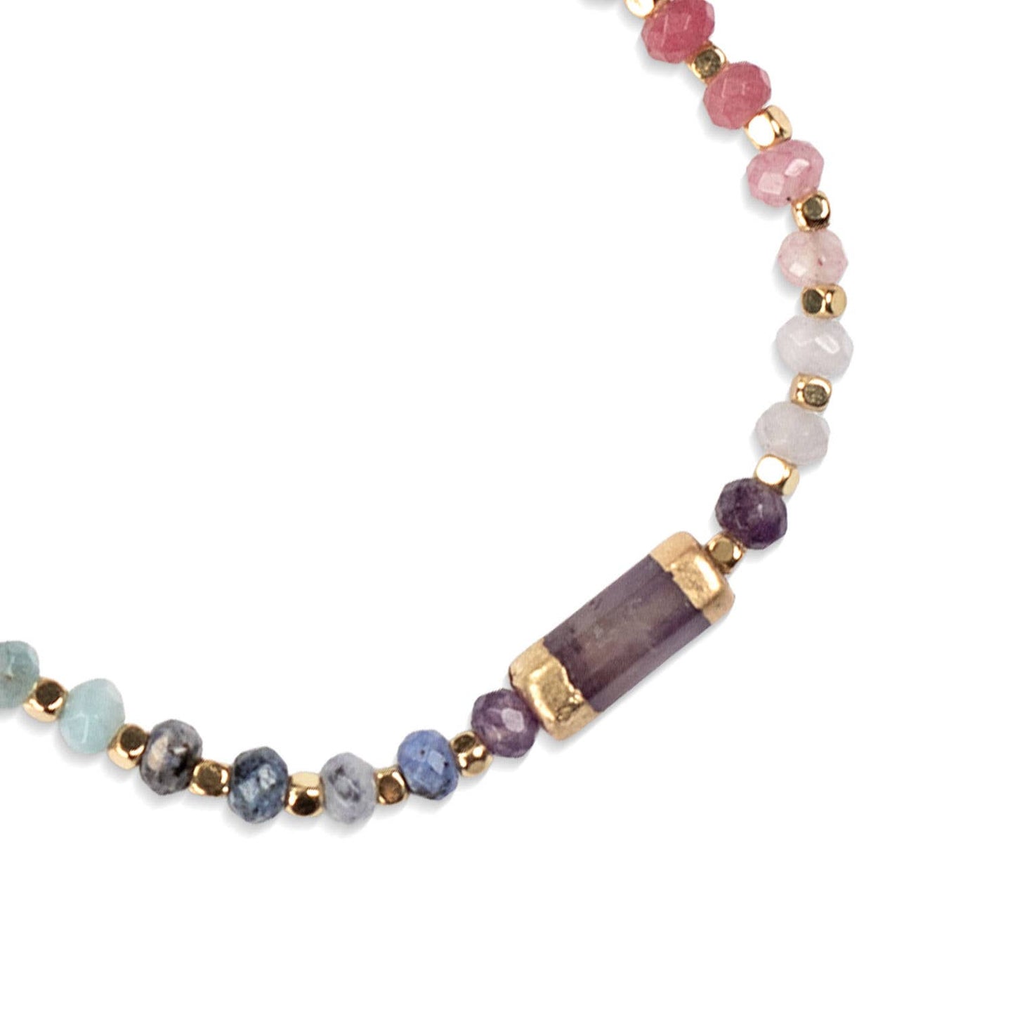 Closeup detail of a multicolored beaded bracelet on a white background. 