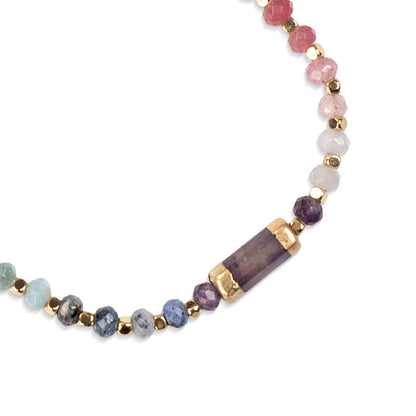 Closeup detail of a multicolored beaded bracelet on a white background. 