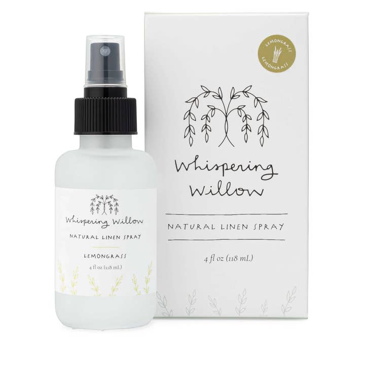 Whispering Willow natural linen spray bottle and packaging on a white background