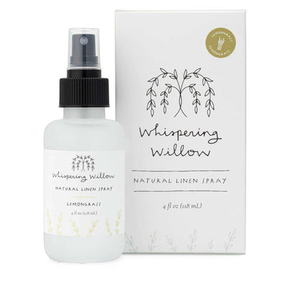Whispering Willow natural linen spray bottle and packaging on a white background