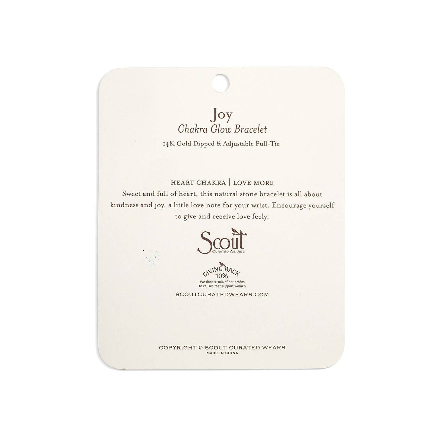 Scout Curated Wears bracelet card with product details on a white background. All images associated with this listing show the same piece from various angles and with different styling props and packaging. 