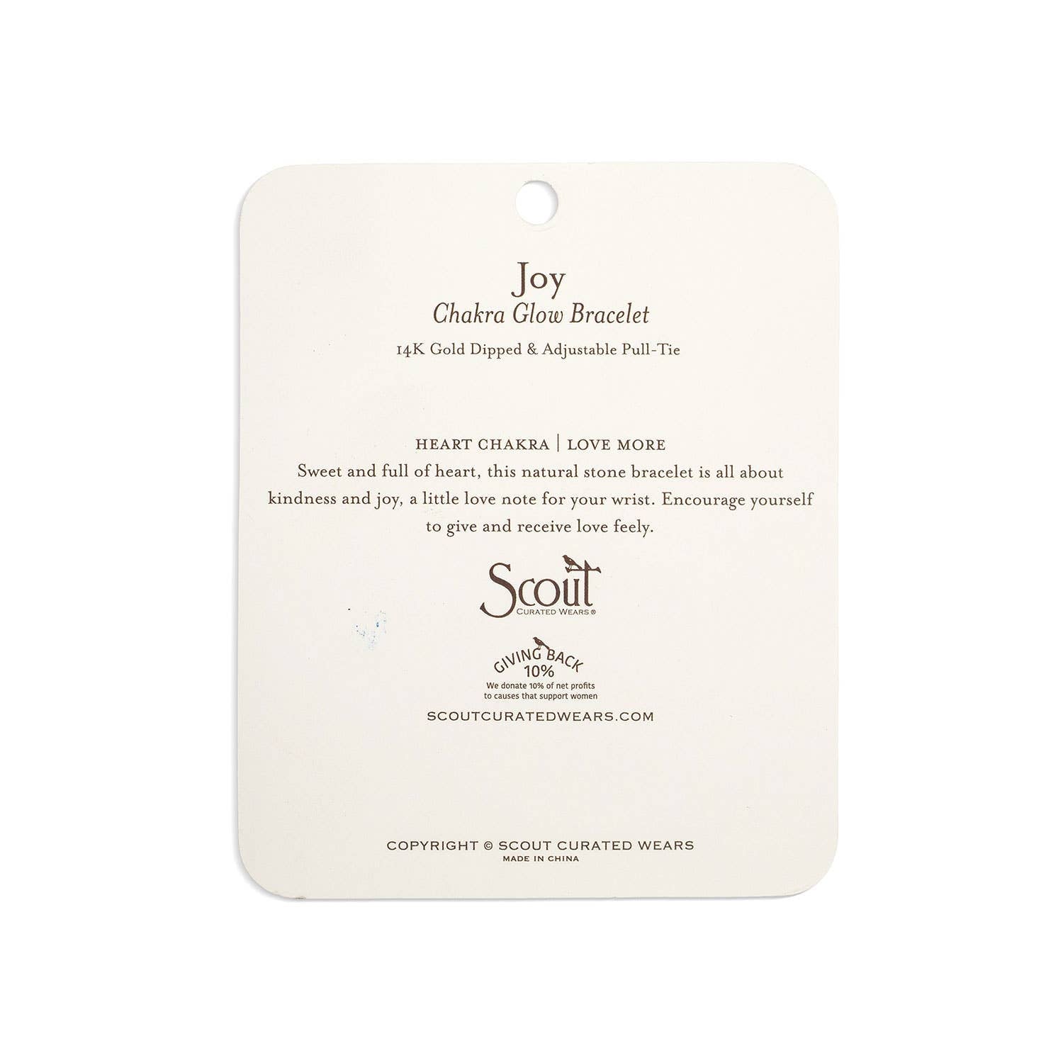 Scout Curated Wears bracelet card with product details on a white background. All images associated with this listing show the same piece from various angles and with different styling props and packaging. 