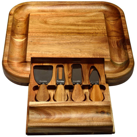 Wooden cheese board set with four cheese knives on a white background. All images associated with this listing show the same piece from various angles and with different styling props.