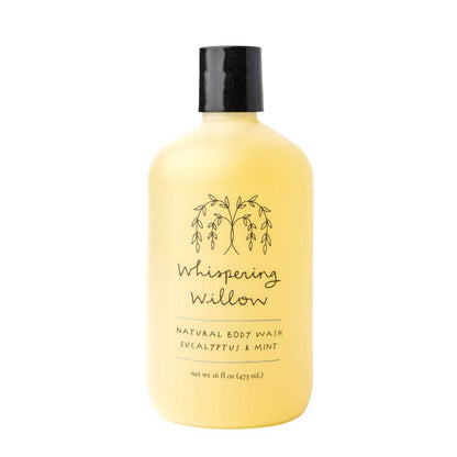 Bottle of Whispering Willow natural body wash on a white background