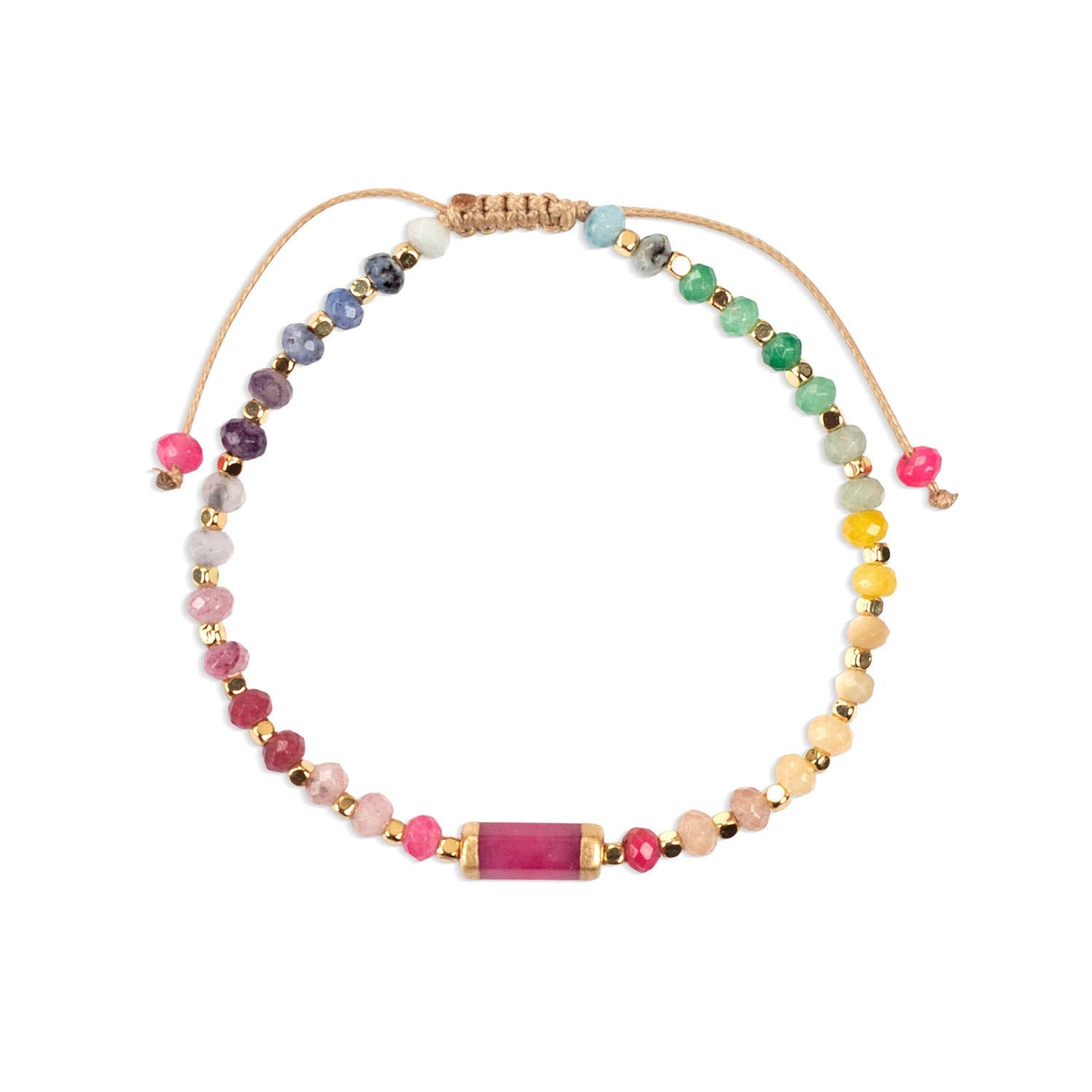 Multicolored beaded bracelet on a white background.