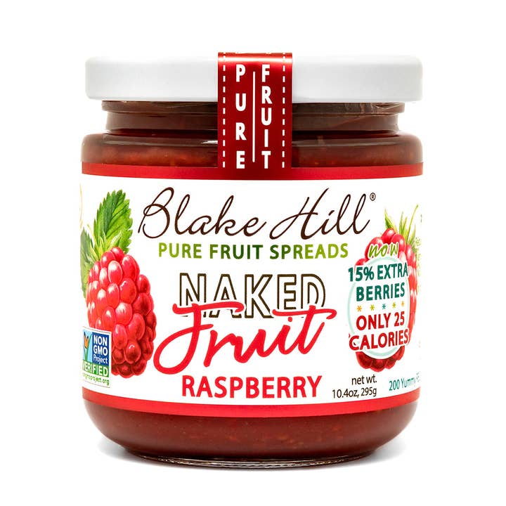 Jar of Blake Hill Naked Fruit Raspberry spread on a white background
