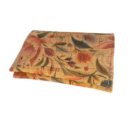 A folded wallet, featuring a vintage floral pattern on a light beige background with pink, orange, and green botanical details.