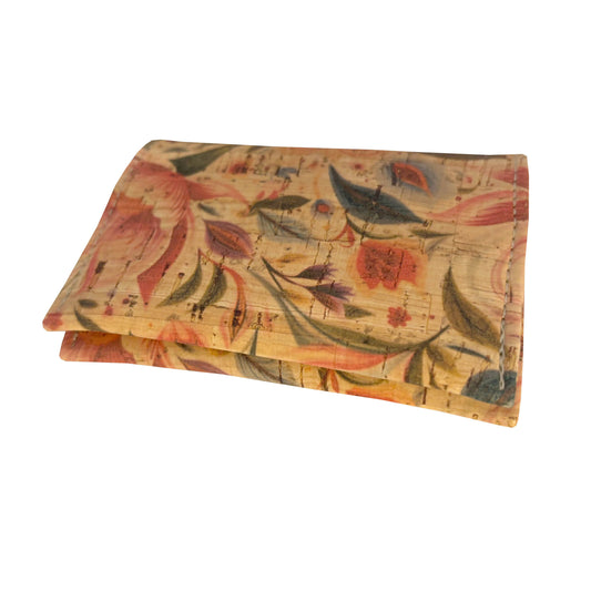 A folded wallet, featuring a vintage floral pattern on a light beige background with pink, orange, and green botanical details.