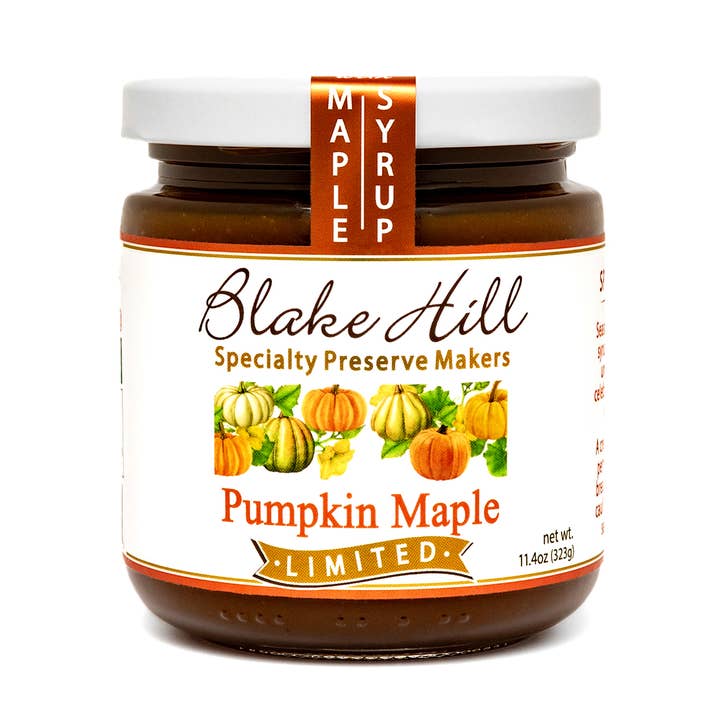 A jar of Blake Hill Pumpkin Maple Limited Edition preserves with a label showing pumpkins and the brand name.